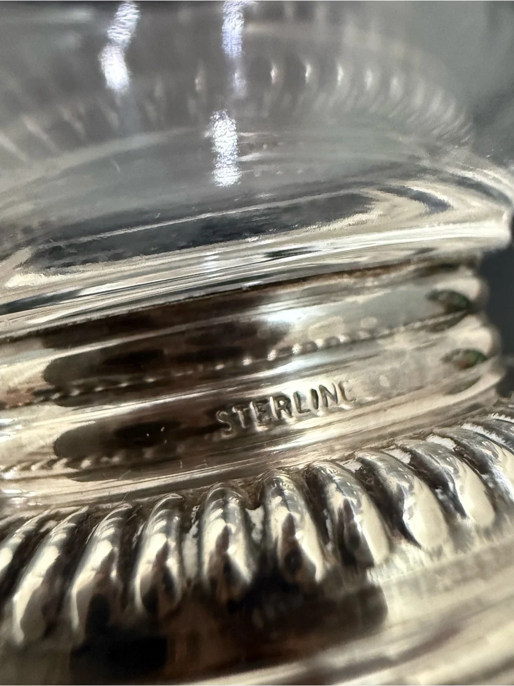Vintage Ribbed STERLING Silver Base Clear Glass Gravy Boat Sauce Dish